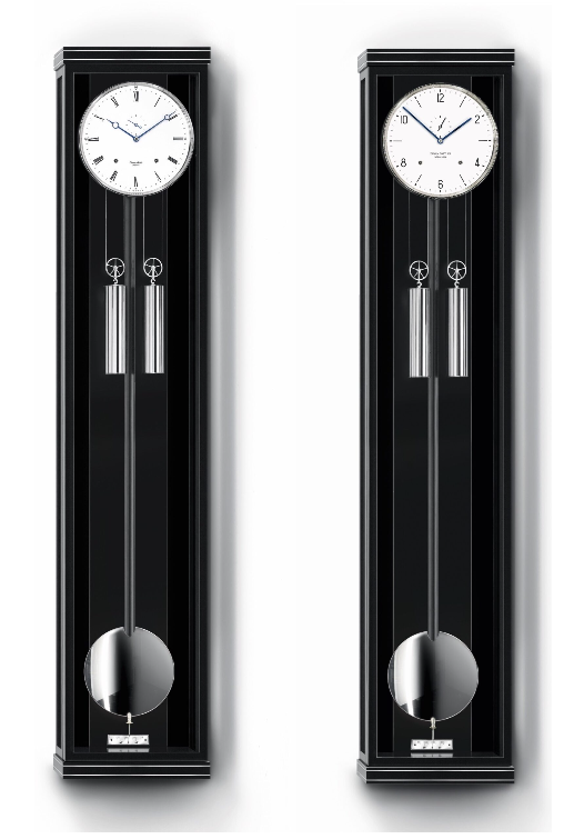 ERWIN SATTLER CLASSICA S 130 M.
Net als zijn kleine zus de Classica S 100 M wederom een kustwerk uit de Erwin Sattler Collectie. Klassiek en elegant, maar ultramodern vormgegeven. Zwart gelakte kast met metaalinleg 130½ cm hoog, 27½ cm breed en 11 cm diep. Ontspiegeld  Mineraalglas. Uurwerk Erwin Sattler Caliber 1625-4. Loopduur 30dagen. 8 Precisie kogellagers en 15 Robinlagers. Geëmailleerde wijzerplaat. Geblauwd stalen wijzers. Slagwerk op de hele en de halve uren op rondgong.
